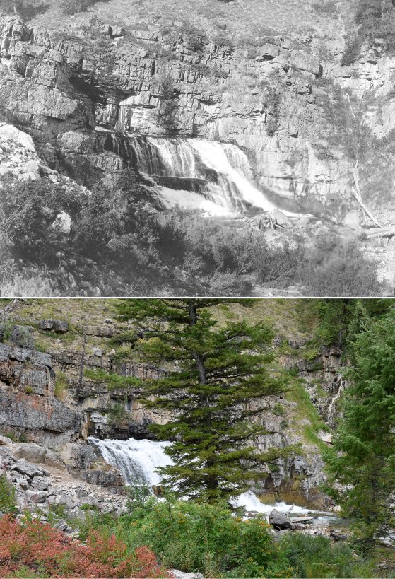 Two photographs. Top image black and white, bottom color. Waterfall and cliff face.