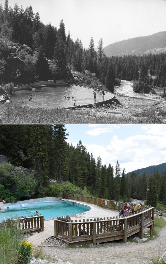 Two photographs. Top image black and white, bottom color. Small swimming pool with people in foreground, forested mountains behind.