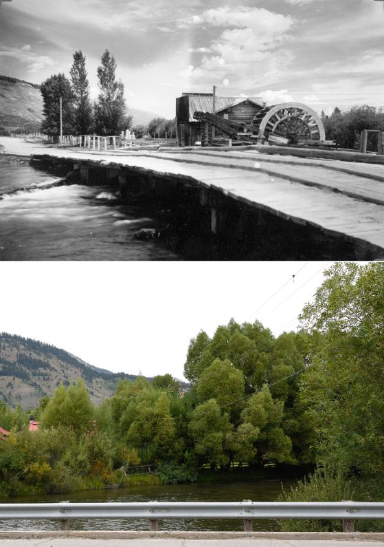 Two photographs. Top image black and white, bottom color. Upper showing wooden building with large waterwheel, wooden bridge in foreground. Lower photograph same location with trees and concrete bridge in foreground.