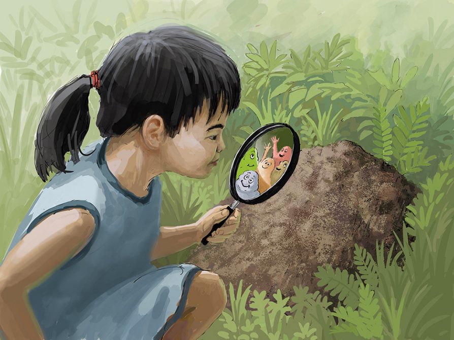 A little girl looking through a magnifying glass at a pile of dirt near grass and plants, little colorful creatures are waving and smiling at her.