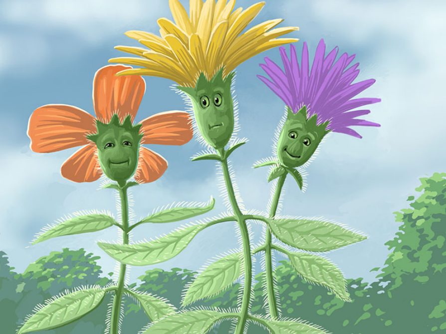 Three flowers (orange, yellow and purple) with faces and petals that look like a hairdo and trichomes on their leaves and stems