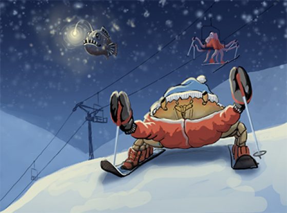 A marine snow scene: a crab on skis, an octopus on the chair lift and a lantern fish swimming in the background. 