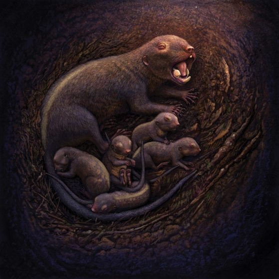 drawing of multituberculates from the genus Mesodma - a mother with her litter of offspring
