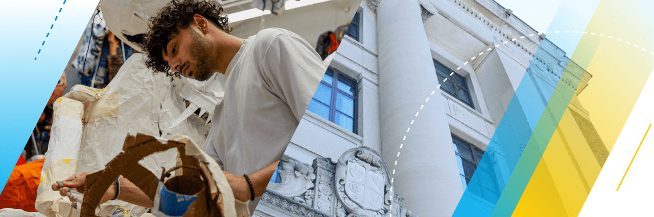 Two images are juxtaposed. In the first a student works on a large paper mache sculpture surrounded by numerous other already finished sculptures. The second is a close-up of one of the columns and front facade of the recently renovated Ruthven Building.