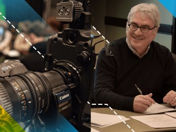On the left side: a black film camera; on the right side: a photo of a man seated with grey hair, wearing black glasses and a black sweater.