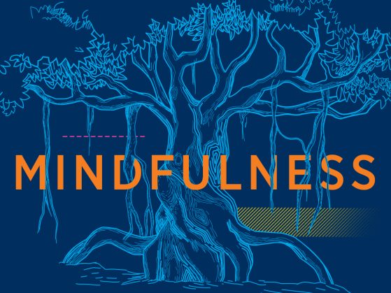 A blue illustration of a banyan tree with the text "mindfulness" overlaid.