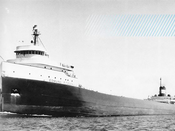 A black and white photo of the freighter the Edmund Fitzgerald.