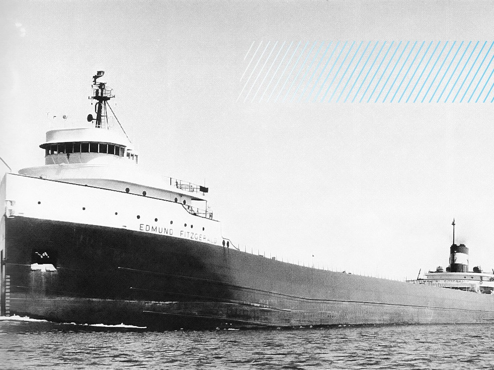 A black and white photo of the freighter the Edmund Fitzgerald.