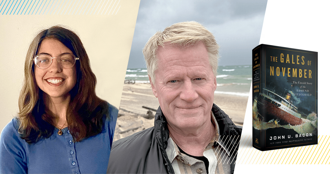 A triptych of three photos: a young woman with long hair and glasses, a man standing on a lakeshore, and the cover of the book "The Gales of November."