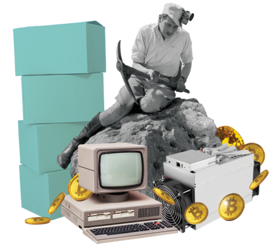 A black-and-white image of a miner sitting on a rock with a pickaxe is surrounded by obsolete computer hardware, a stack of Tiffany's-blue boxes, and Bitcoins.