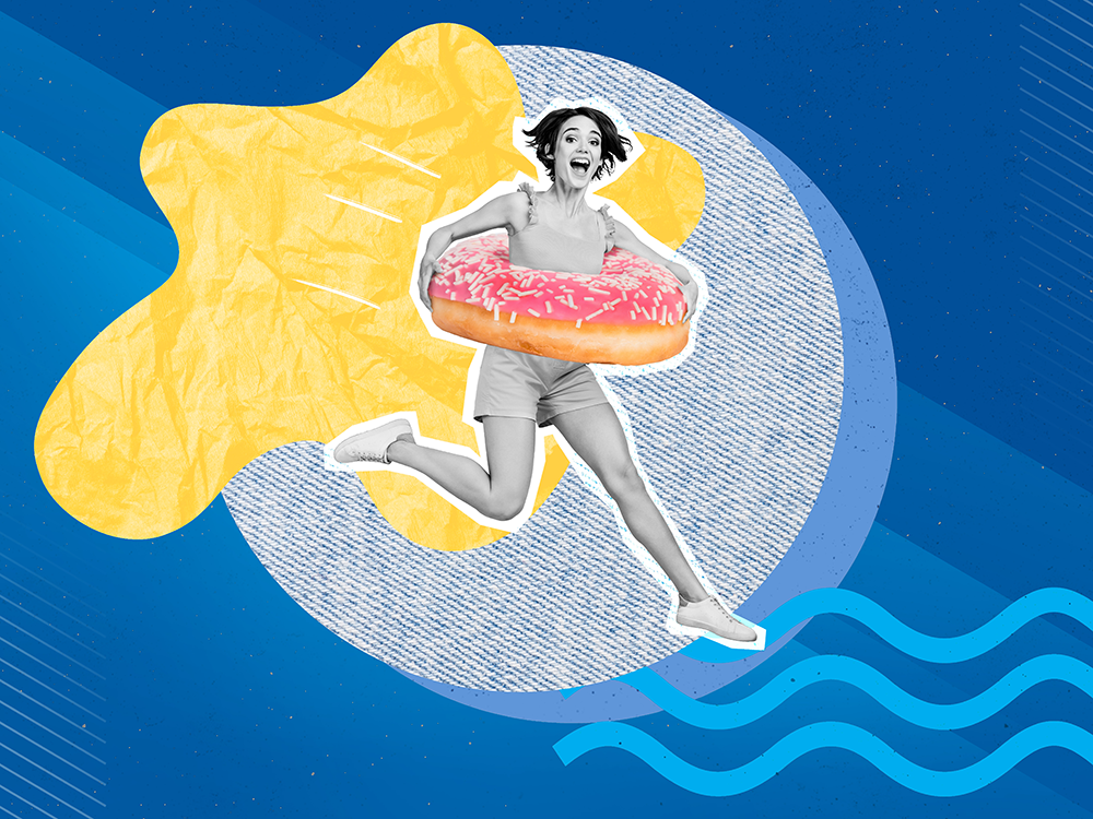 A collaged image with a blue background and design elements representing water and sunshine. In the center, a grayscale image of a person is jumping for joy while using a pink frosted donut as an innertube.