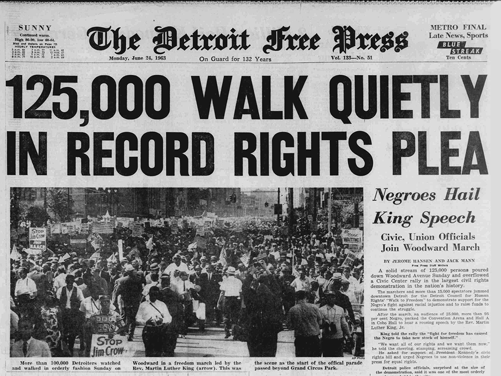 The front page of the Detroit Free Press from July 24, 1963, has a large headline that says, "125,000 Walk Quietly in Record Rights Plea."