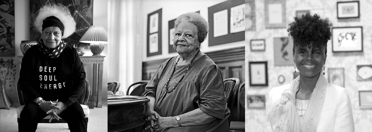 Three black and white portraits in succession. From left to right: Dell Pryor, owner and founder of Dell Pryor Galleries; Josephine Love, founder of Your Heritage House, and Malika Pryor, curator of To Whom Much Is Given, currently showing at the Charles H. Wright Museum in Detroit.