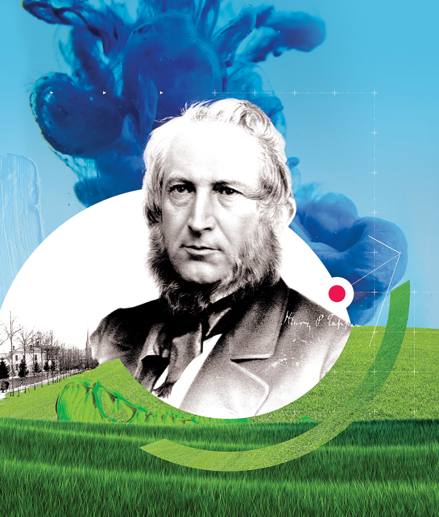 A black-and-white portrait of Tappan with a colorful illustration including grass and sky that includes a light geometric sketch