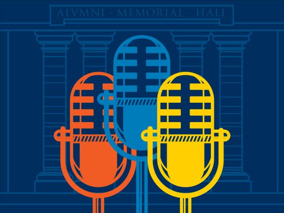Three retro microphones -- one orange, one royal blue, and one yellow -- against a blueprint-like drawing of a pillored building.