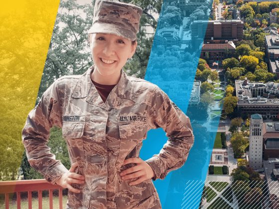Color photograph of Alex Swainston in Air Force uniform. Aerial view of U-M Central Campus and maize and blue banners in the background.