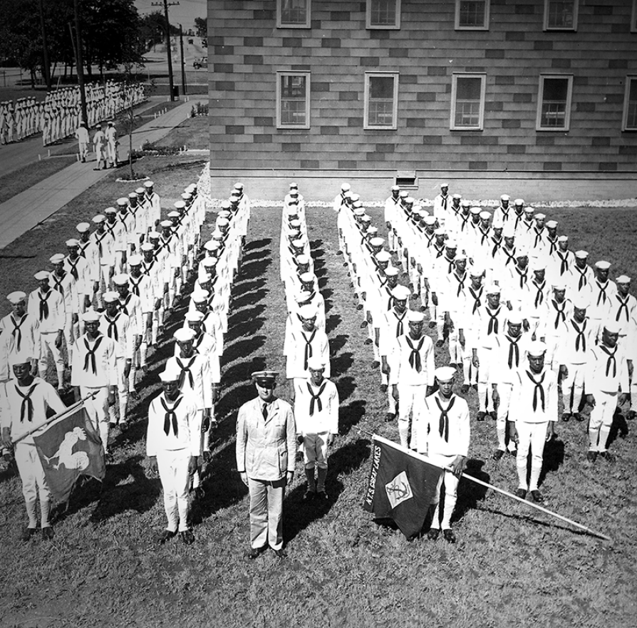 A company of African American recruits at Great Lakes Naval Station, August 1943.
