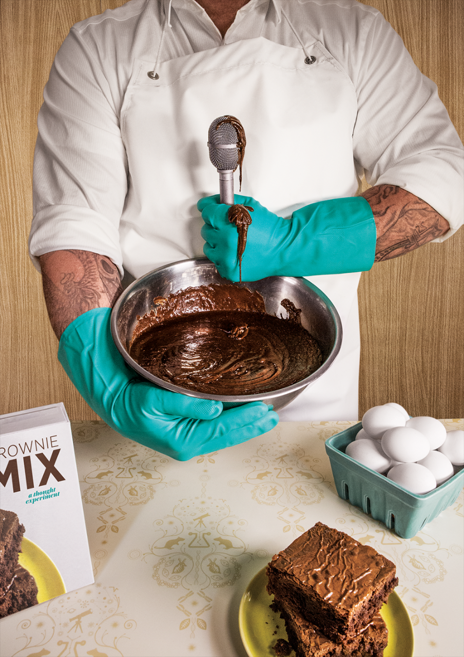 Bowl of brownie mix mixed with a microphone.