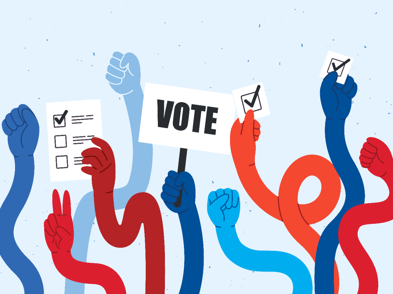 An illustration of long, floppy blue and red arms holding up checked pieces of paper, fists, and a sign that reads "VOTE."