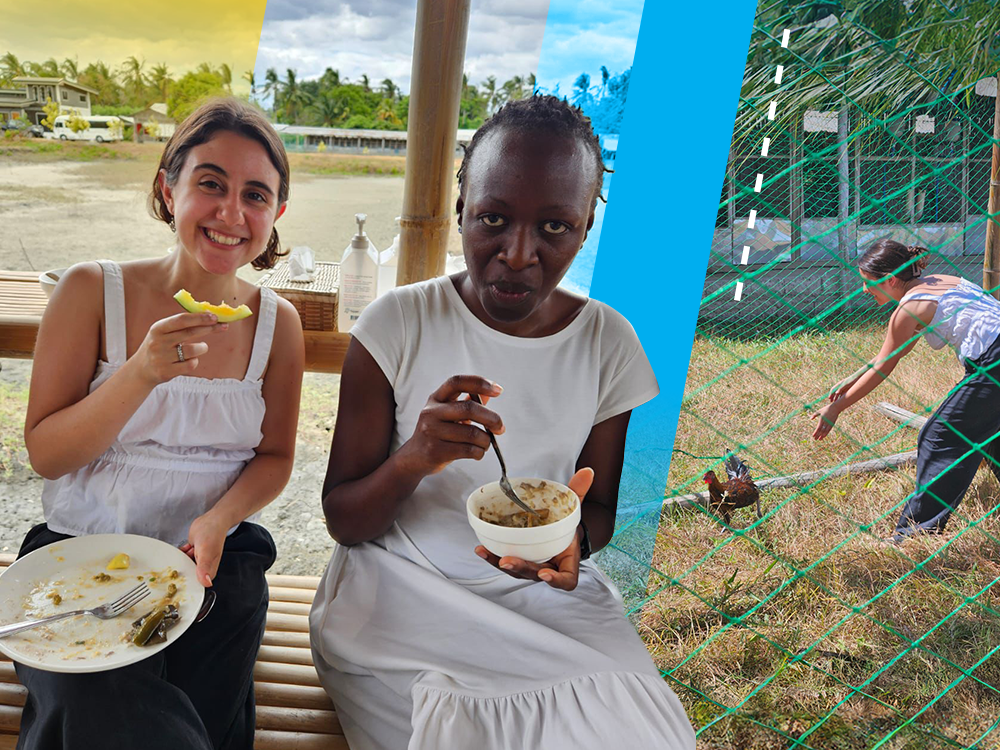 A composite of two images. On the left is a picture of Samantha sitting next to a woman in a white dress eating a meal. On the right is a photo of Samantha chasing a chicken.