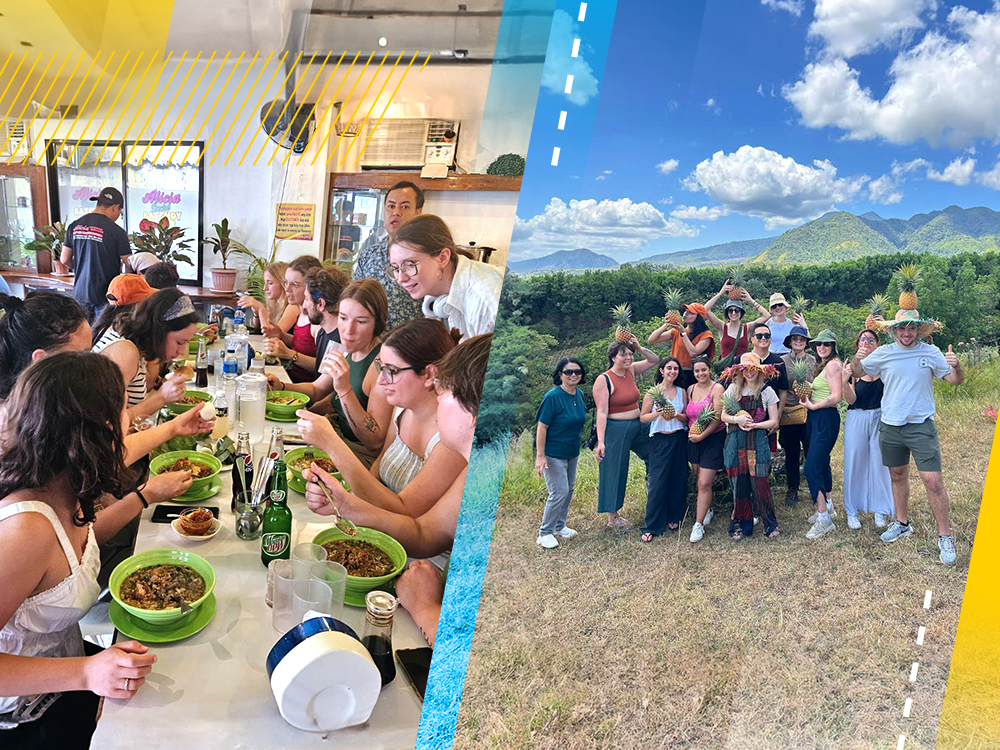 A composite of two images. On the left is a photo of a large group gathered at a table eating a meal. On the right is a photo of a group of people posing for a photo. Some are holding pineapples.