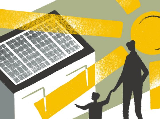 An illustration that shows an abstract house with solar panels and an enormous abstract sun whose rays extend in all directions. A silhouette of a woman and a child holding hands is in the lower right-hand corner.