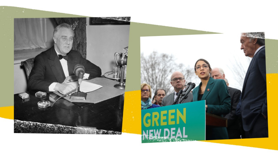 A composite of two photographs. On the left, Roosevelt is sitting behind a desk speaking into a microphone. There is a pack of cigarettes to his right and an ashtray. The right side of the image shows Alexandria Ocasio-Cortez speaking into a microphone behind a banner that says Green New Deal. People are standing around her.