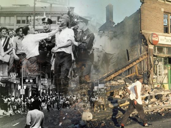 A collage of photographs of the Detroit riot. The top left corner shows a black man being held by two white policemen. This image fades into a color image a half-destroyed bricked building and a man walking past it in the street. The third image is a black-and-white photograph of hundreds of people in the street.