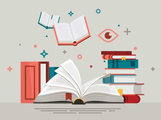 A stack of books in front of a gray background. Two books levitate, and one book is open in the foreground. 