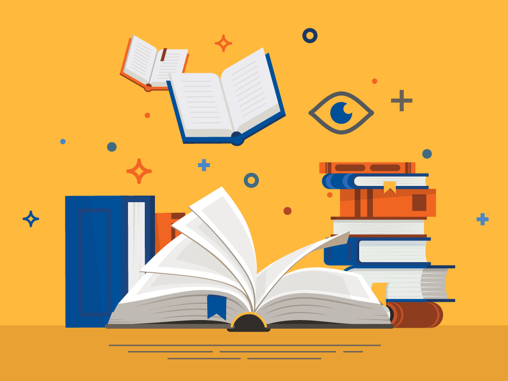 In front of an orange background is a stack of books. Several books are open and flying through the air. 