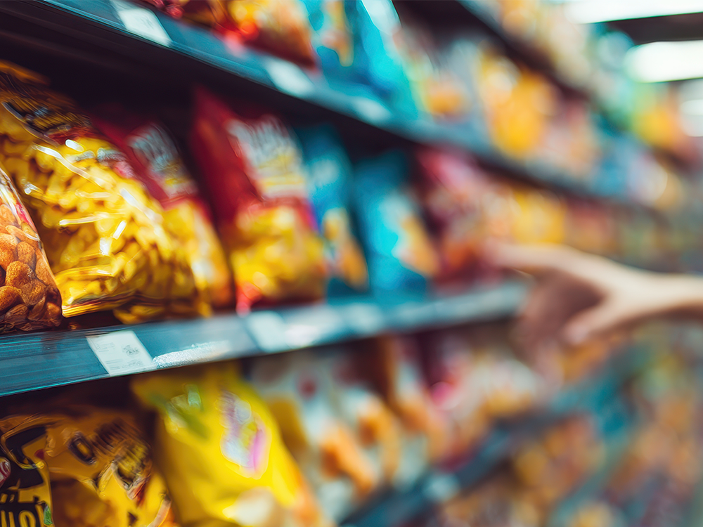 A hand reaches for a grocery store shelf stocked with junk food. 