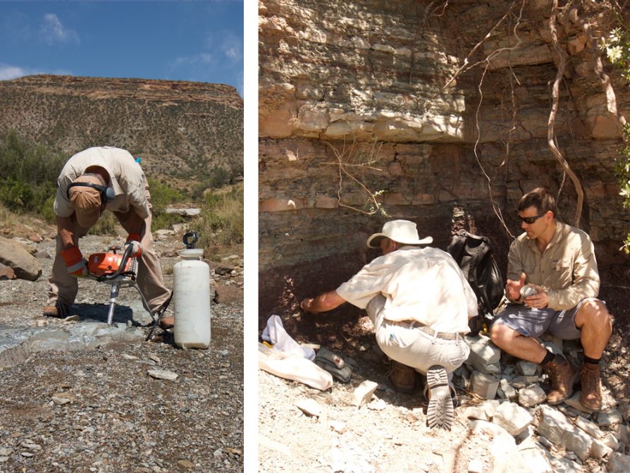 This is a composite of two photographs. In the left image, Geissman is folded over using a drill. In the right photo Geissman is gesturing to a wall of striated walk and talking to another man.