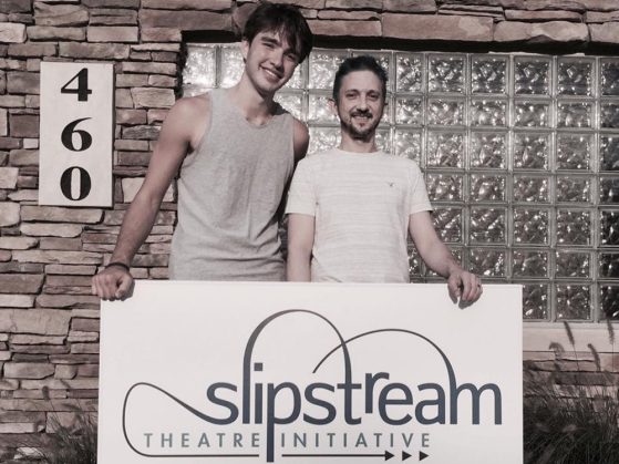Vinogradov and Boudreau stand together in front of the Slipstream Theater Initiative building.