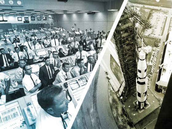 A composite image of NASA mission control center on the left and the Apollo 11 launch pad on the right.