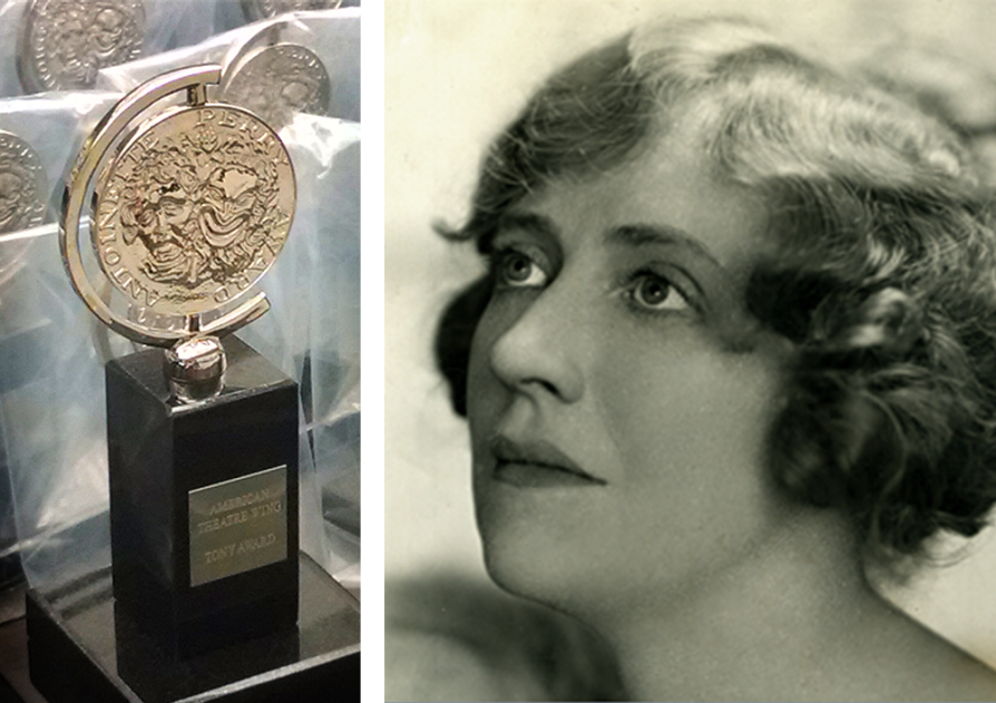 the image is divided into two images. On the left, a picture of the Tony Award, which is a bronze color medallion mounted on a black acrylic glass base. The left is a black-and-white photograph of Antoinette Perry. The photograph is almost in profile, and she is looking up to the left.