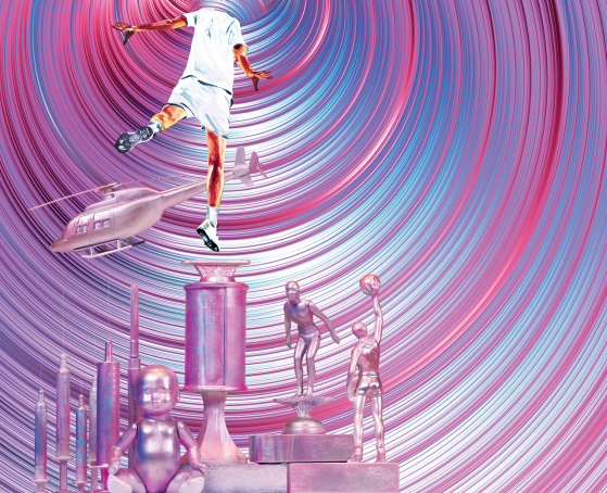 Caption: A pink, blue, and magenta series of spiral funnel drawing a man toward the top. His head has disappeared into it. There is also a pink helicopter below his feet and various trophies.