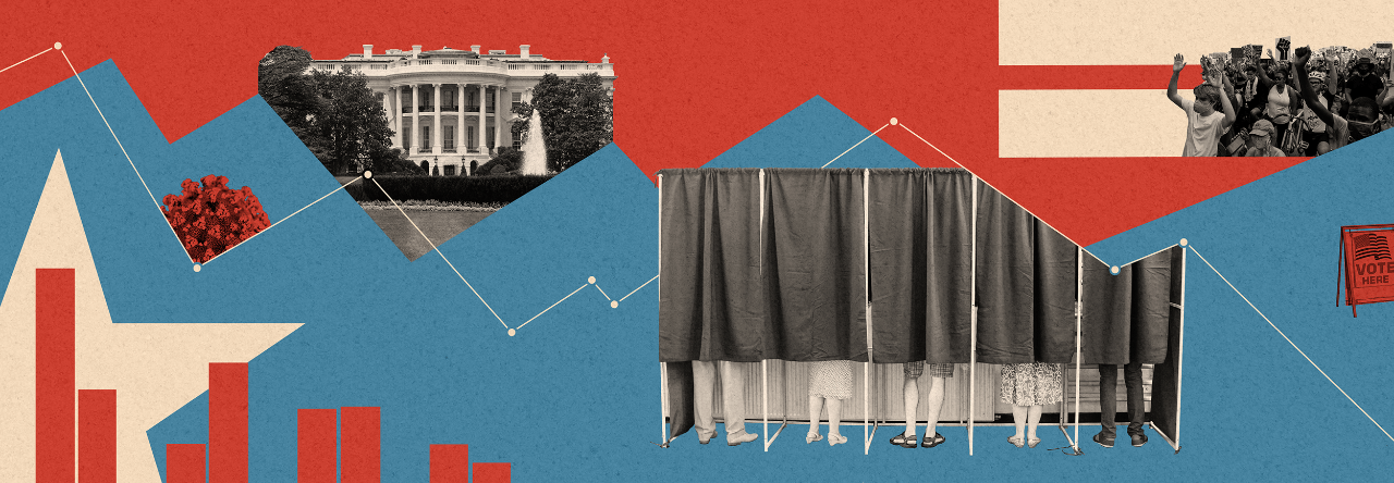 A composite of decoration and images including the White House, a BLM protest, people voting in a booth behind a curtain, a bar graph.