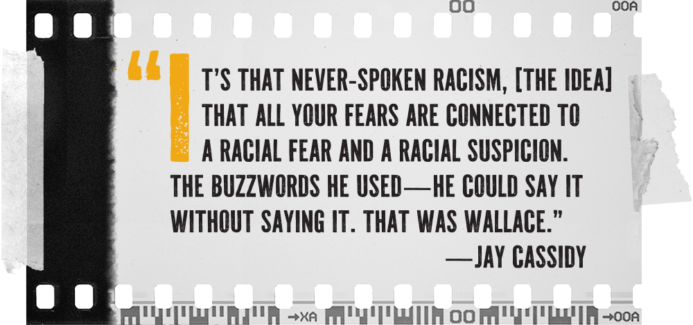 A photo negative strip serves as the background for text, a pull quote from the article: “It’s that never-spoken racism, [the idea] that all your fears are connected to a racial fear and a racial suspicion. The buzzwords he used—he could say it without saying it. That was Wallace.”—Jay Cassidy