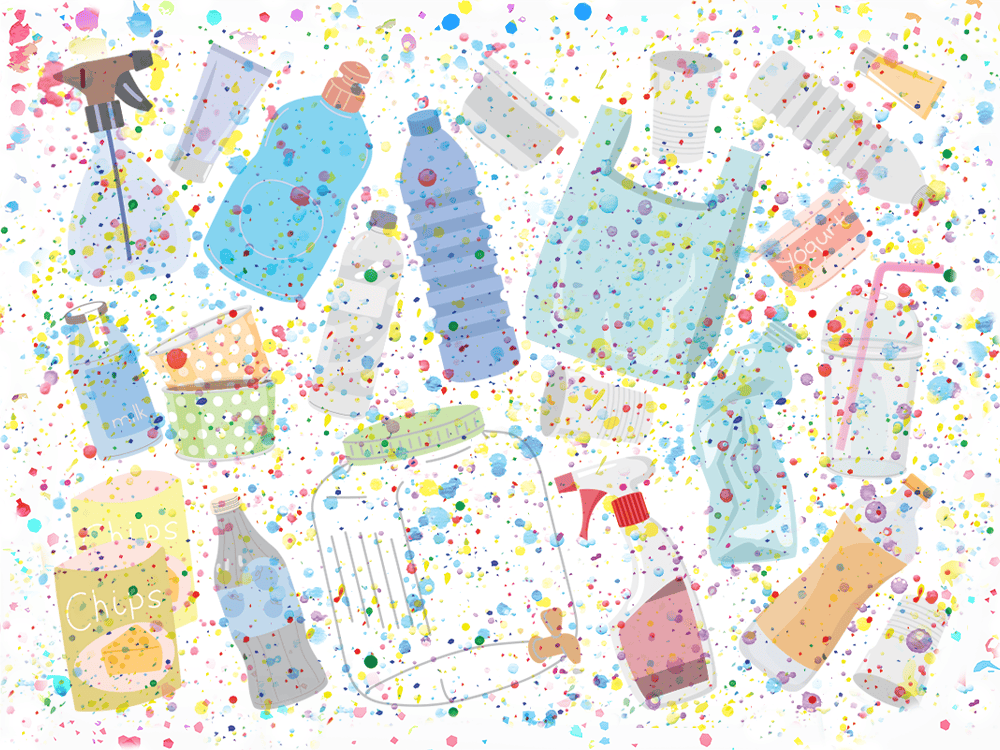 An illustration of various plastic items, including water bottles, plastic grocery bags, chip bags, and other plastic containers of differing sizes and colors are drawn scattered together against a white background. Small, jagged specks of different colors overlay the image to represent the microplastic pollution we don’t see that these items create. The plastic items are large and spread horizontally across the page.