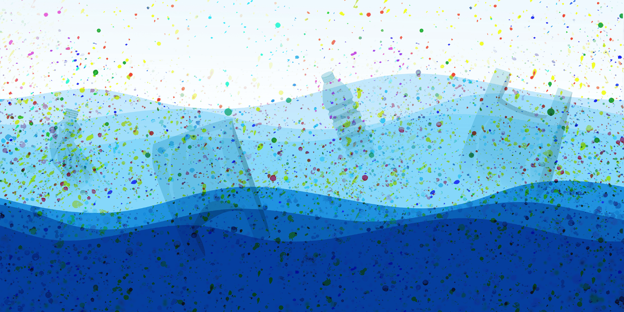 A wave illustration is made of a blue gradient, from light blue at the top to dark blue at the bottom. Plastic items, including bottles and bags, are in the wave with small, jagged specks of different colors overlaid atop to represent the microplastic pollution we don’t see that these items create. 