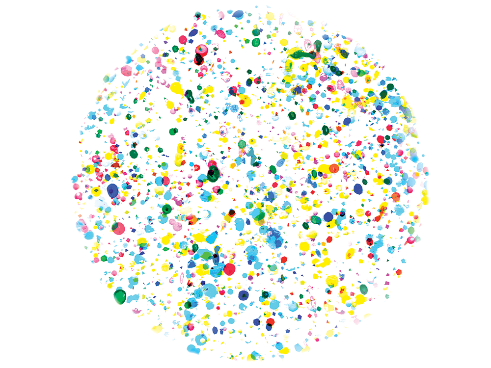 An illustration represents microplastics as small, muliticolored dots in a circle. 