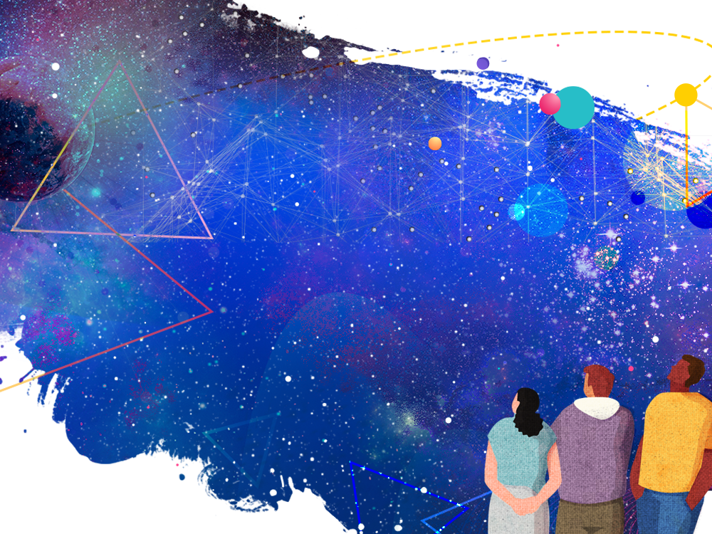 Illustration of a group of students looking at stars and planets, with the title Space Together spelled out in the sky.