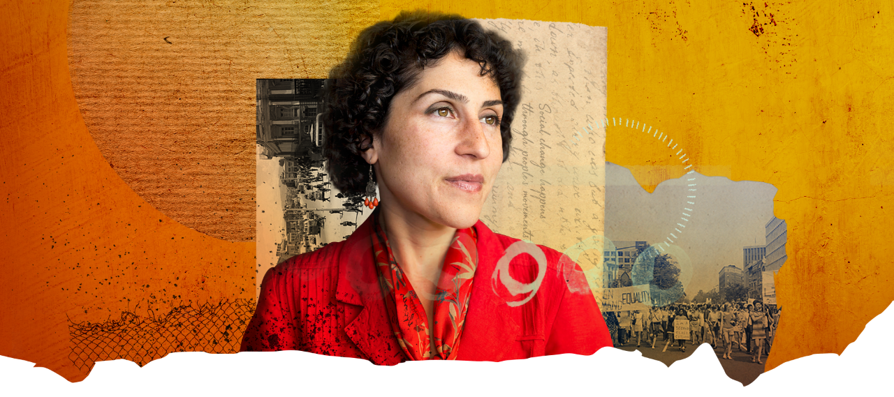 A photograph of human rights lawyer Azadeh Shahshahani against an abstract background of yellows, oranges, and reds.