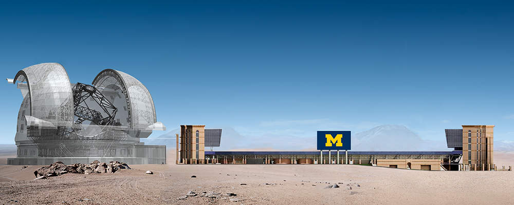 A height comparison illustration shows the difference in scale of the Extremely Large Telescope on the left side at 80 meters tall and Michigan Stadium on the right at 35.66 meters tall on the east elevation.