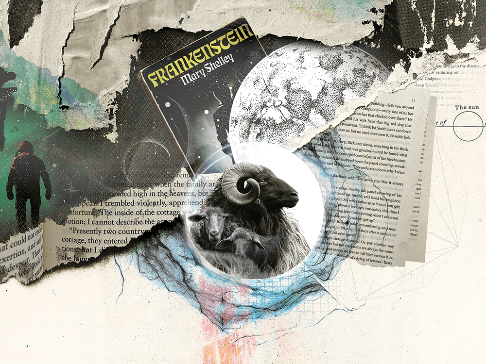 An artistic collage includes pages torn from Philip K. Dick’s novel Do Androids Dream of Electric Sheep? as well as the cover of the book Frankenstein by Mary Shelley, an astronaut, and a black-and-white image of a ram and two sheep.