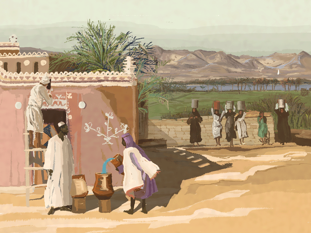 Illustration of a Nubian community beside the Nile River in Egypt. Women balance buckets of water on their heads, and someone is painting a mural on the side of a home. 