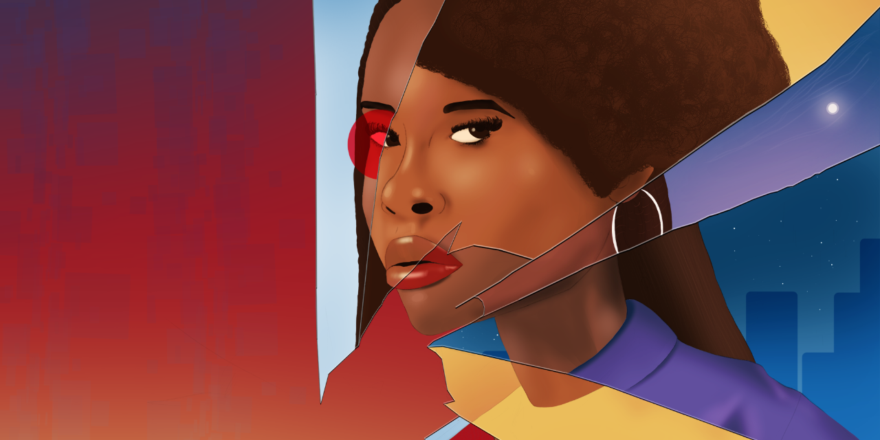 An illustration of a Black woman’s reflection cobbled from broken glass