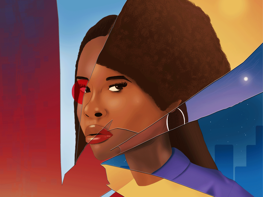 An illustration of a Black woman’s reflection cobbled from broken glass
