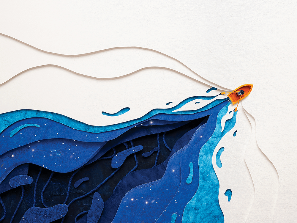 Layers of hand-cut white and blue paper and yarn form a 3-D image of a rowboat cutting through the water as a human figure rows the boat.