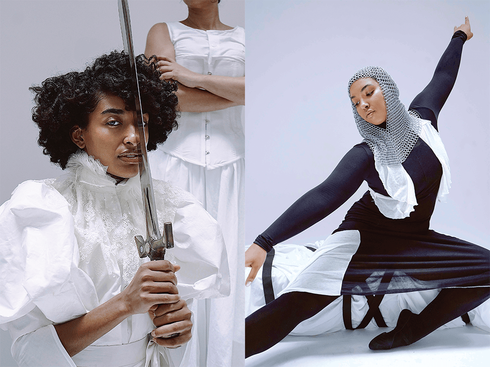 On the left, a person in a voluminous white dress with puffy sleeves and a lace collar holds a sword close to their face. On the right, a person wearing a chain mail hood, a black leotard, and a white vest and skirt, extends their body in a balletic position. 